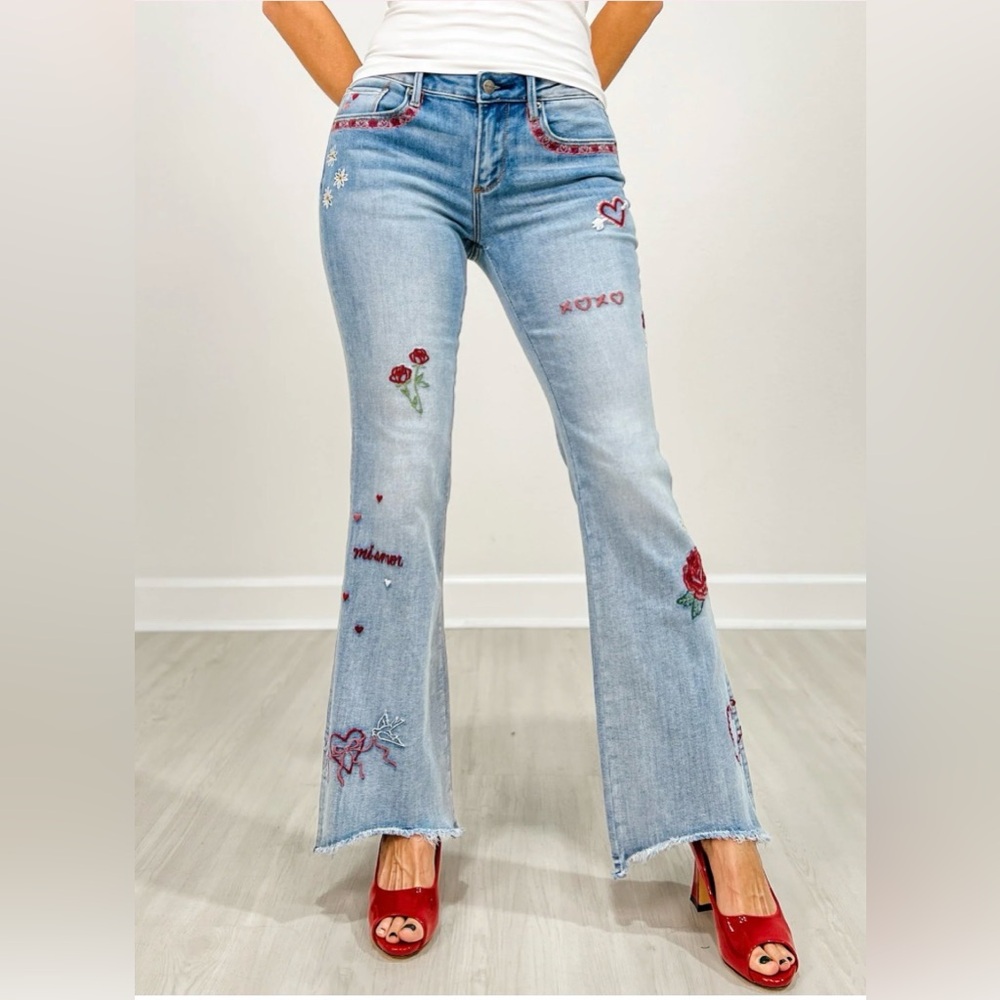 FREE PEOPLE X DRIFTWOOD LOVE LETTERS EMBROIDERED BOOTCUT JEANS - Picture 2 of 3